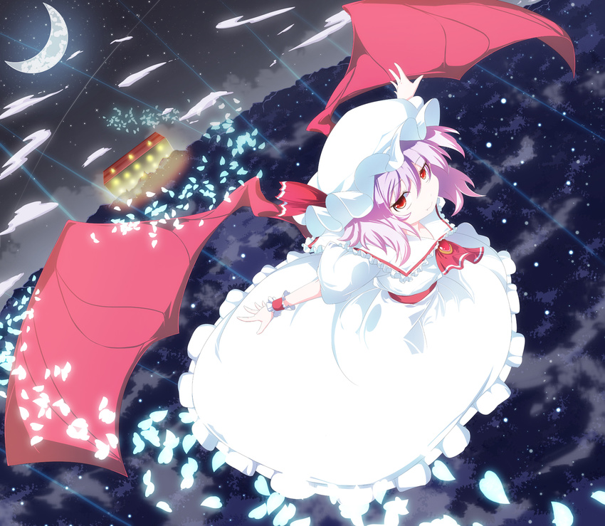 bat_wings dress fang forest frills grin hat highres meracle moon nature night petals purple_hair red_eyes remilia_scarlet ribbon scarlet_devil_mansion sky smile solo star_(sky) starry_sky touhou wings