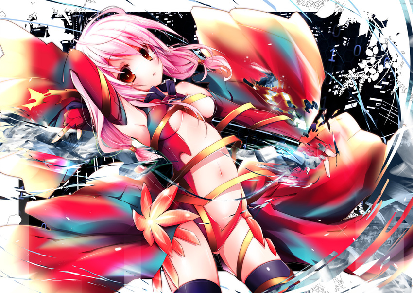 armpits breasts center_opening detached_sleeves fingerless_gloves gloves guilty_crown nanamomo_rio navel pink_hair red_eyes small_breasts solo thighhighs yuzuriha_inori