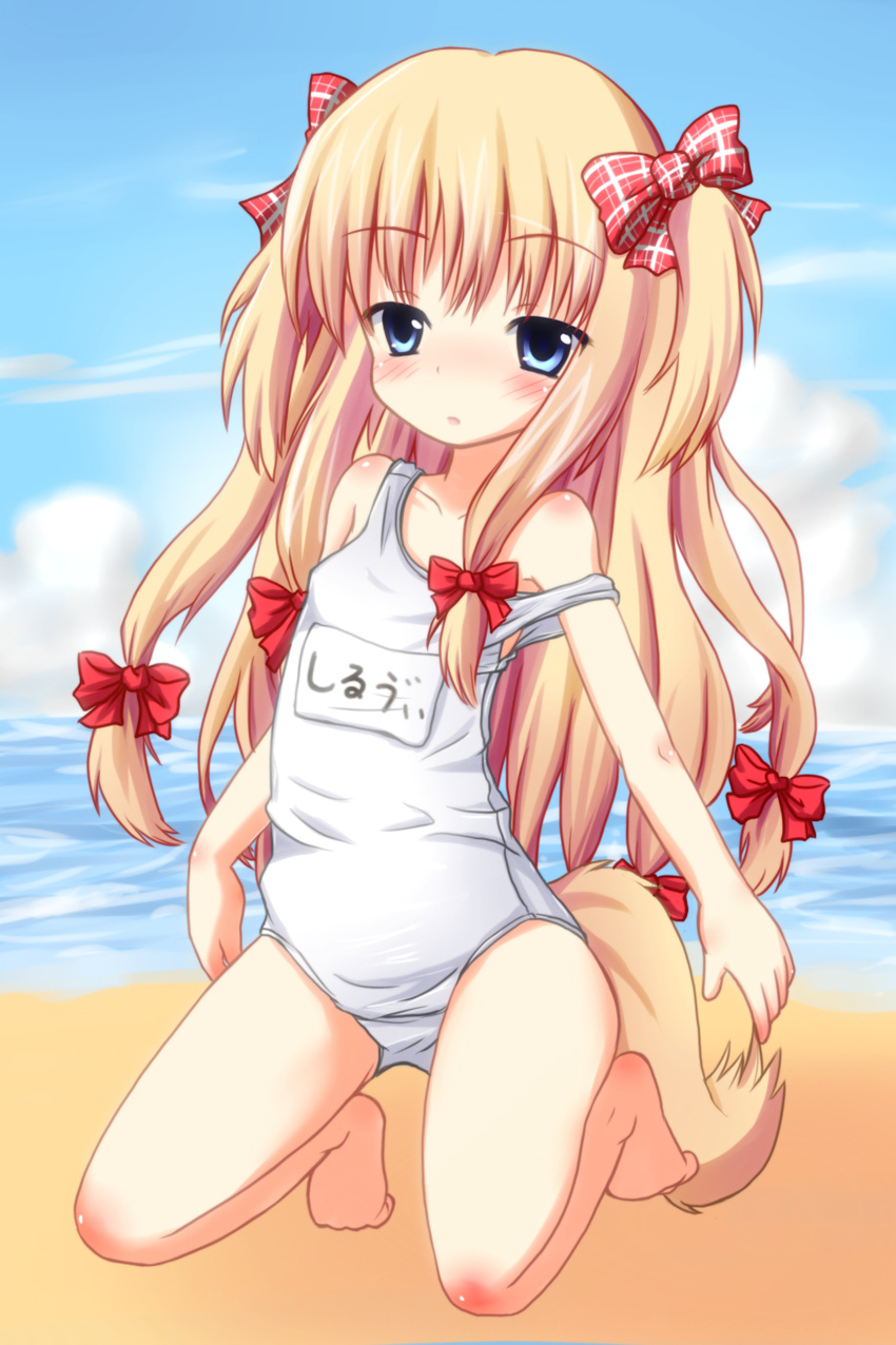 barefoot beach blonde_hair blue_eyes blush bow day hair_bow hair_ribbon highres i3 kneeling long_hair ocean one-piece_swimsuit outdoors plaid ribbon school_swimsuit silviana solo strap_slip swimsuit tail twintails two_side_up wanko_to_kurasou white_school_swimsuit white_swimsuit