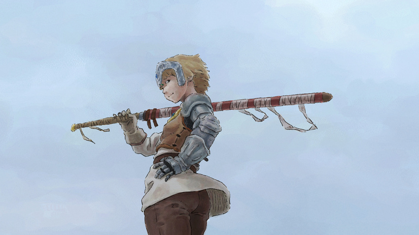 blonde_hair from_below gauntlets gloves hand_on_hip highres kaze_no_tani_no_nausicaa kushana over_shoulder sheath sheathed short_hair sky solo standing sword sword_over_shoulder tnt_(aaaazzzz) weapon weapon_over_shoulder