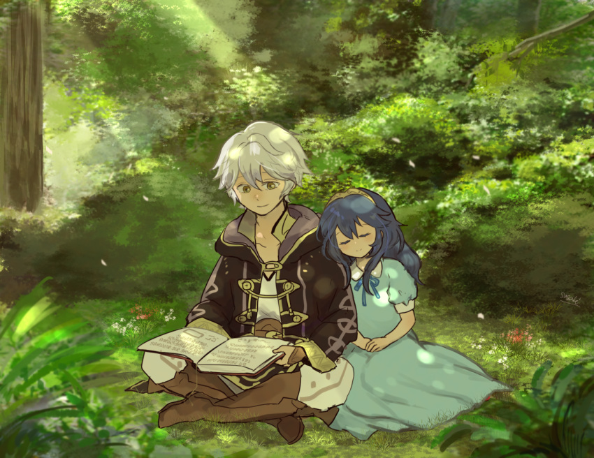 1boy 1girl blue_hair boots brown_eyes child cloak fire_emblem fire_emblem:_kakusei forest grass head_on_shoulder lucina male_my_unit_(fire_emblem:_kakusei) my_unit_(fire_emblem:_kakusei) nature nintendo outdoors reading sasaki_(dkenpisss) sleeping smile tree white_hair