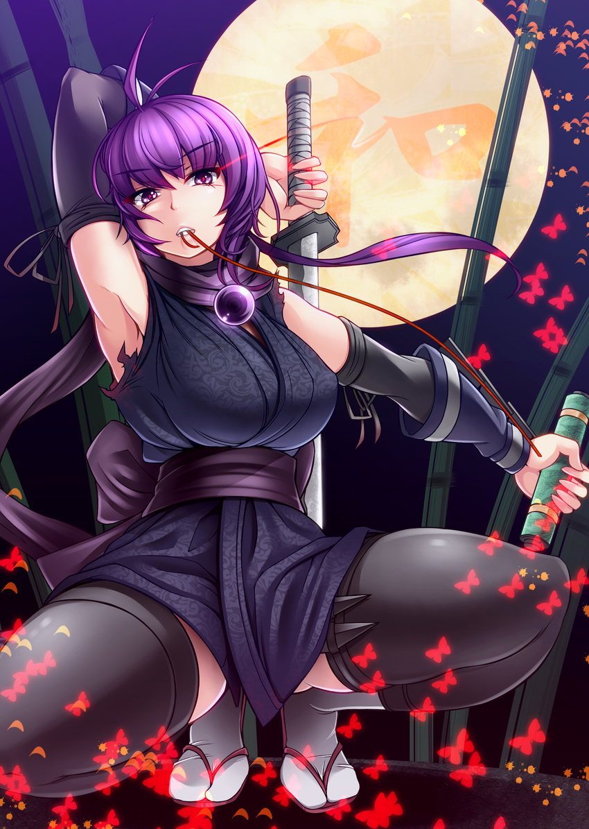 antenna_hair armpits bad_id bad_pixiv_id bamboo black_legwear breasts full_moon highres holster japanese_clothes katana kunai large_breasts long_hair masataka moon mouth_hold night ninja original purple_eyes purple_hair ribbon sandals scarf solo squatting sword tabi thigh_holster thighhighs torn_clothes weapon