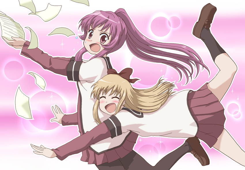 ^_^ black_legwear blonde_hair blush bow closed_eyes glomp hair_bow highres hug hug_from_behind ki_(adotadot) long_sleeves multiple_girls nanamori_school_uniform open_mouth pantyhose paper purple_eyes purple_hair school_uniform serafuku shoes short_over_long_sleeves short_sleeves sugiura_ayano surprised toshinou_kyouko yuru_yuri