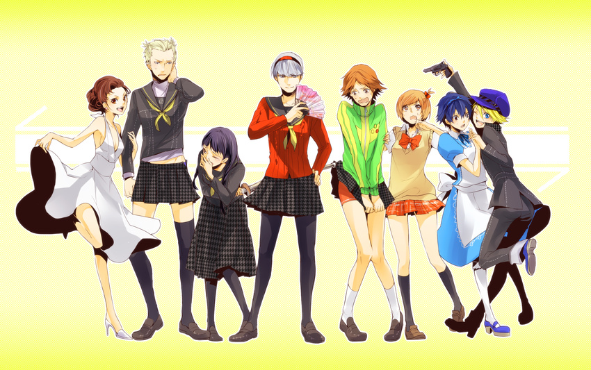 4girls amagi_yukiko apron black_hair black_legwear blonde_hair blue_eyes blue_hair brown_eyes brown_hair cosplay costume_switch crossdressing dress fan folding_fan gun hairband hanamura_yousuke handgun hat highres holding_hands kujikawa_rise kuma_(persona_4) marilyn_monroe marilyn_monroe_(cosplay) mogmahiru multiple_boys multiple_girls narukami_yuu one_eye_closed pantyhose persona persona_4 pistol red_hair satonaka_chie school_uniform shinai shirogane_naoto silver_eyes silver_hair skirt skirt_hold skirt_lift socks sukeban sword tatsumi_kanji tears thighhighs weapon zettai_ryouiki