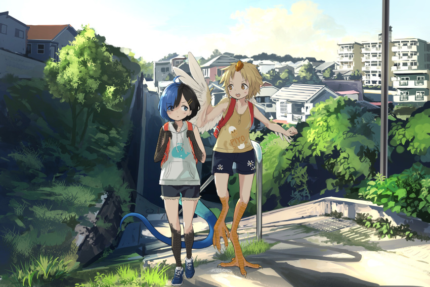 2girls :d archaeopteryx backpack bag bangs black_eyes black_hair blonde_hair blue_eyes blue_footwear blue_hair building city claws closed_mouth commentary_request day dinosaur_girl eyebrows_visible_through_hair eyes_visible_through_hair feathers grass hair_ornament hairclip harpy heterochromia highres hood hoodie house japanese_skink_(kamemaru) kamemaru lizard_tail monster_girl multicolored_hair multiple_girls open_mouth original outdoors piyoko-chan_(kamemaru) plant pole randoseru scales shirt shoes short_hair shorts single_hand sleeveless sleeveless_hoodie smile stairs standing tail tree two-tone_hair walking wings yellow_shirt