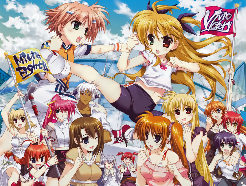 6+girls agito_(nanoha) blonde_hair breasts fate_testarossa green_eyes hair_ornament heterochromia highres long_hair lyrical_nanoha mahou_shoujo_lyrical_nanoha_vivid medium_breasts multiple_girls one_eye_closed ponytail red_eyes red_hair reinforce_zwei ribbon shamal side_ponytail signum small_breasts subaru_nakajima takamachi_nanoha teana_lanster twintails vita vivio yagami_hayate zafira