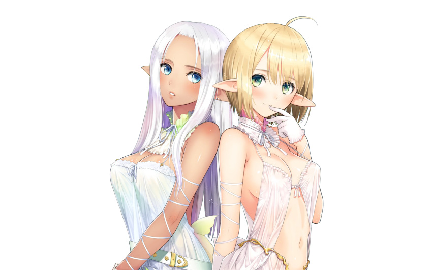 aqua_eyes blonde_hair blush long_hair navel photoshop pointed_ears short_hair sideboob taka_tony white white_hair