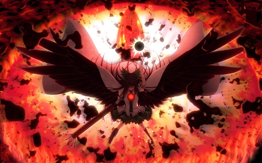 arm_cannon arm_up black_wings brown_hair cape concrete energy_ball glowing glowing_eyes highres irigoma_(jikabi_baisen) long_hair red_eyes reiuji_utsuho shirt skirt solo third_eye touhou weapon wings