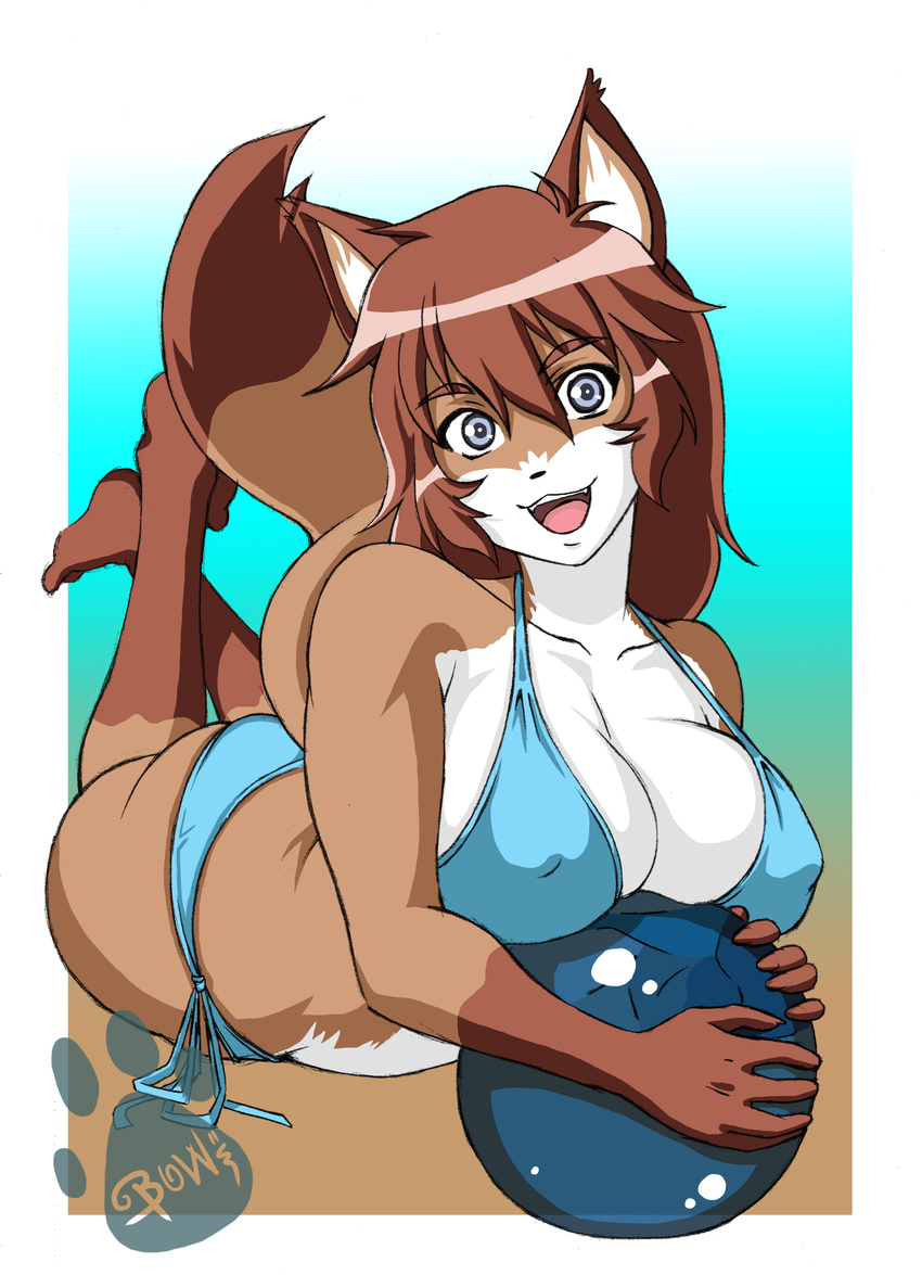 big_breasts bikini bikini_top blue_eyes breasts brown_hair canine cleavage clothed clothing female fox gradient gradient_background hair long_brown_hair long_hair looking_at_viewer lying mammal mrbowater on_stomach open_mouth skimpy smile solo swimsuit tail watermark
