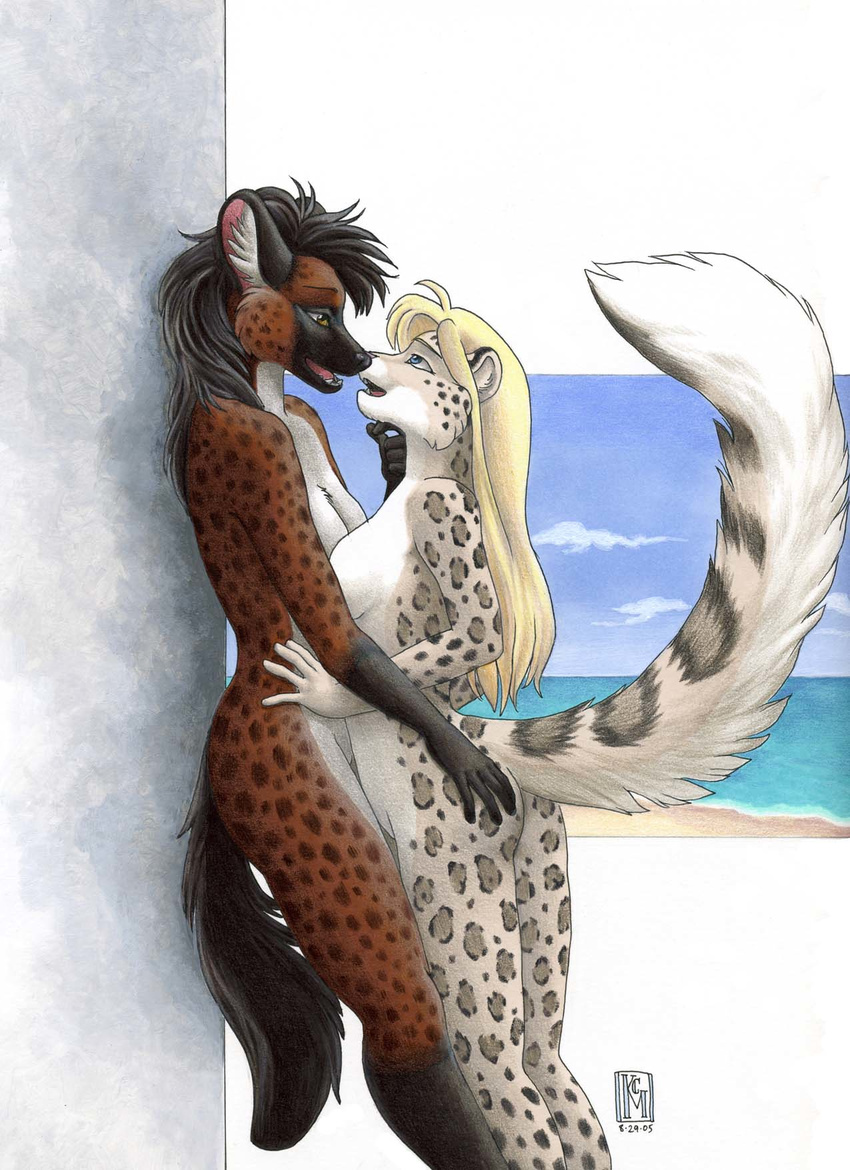 blue_eyes breasts brown_eyes couple duo embracing eye_contact feline female gnoll hyena interspecies kacey leopard lesbian looking_at_each_other mammal nude romantic side_boob
