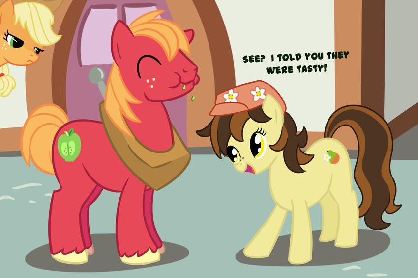 applejack_(mlp) big_macintosh_(mlp) blonde_hair brother_and_sister brown_hair cowboy_hat cutie_mark dialog earth_pony eating english_text equine eyes_closed female feral flower freckles friendship_is_magic fruit fur green_eyes group hair hat hi_res horse male mammal multi-colored_hair my_little_pony open_mouth orange_fur orange_hair pear pony ponytail red_fur sibling tail text txlegionnaire yellow_eyes yellow_fur yoke