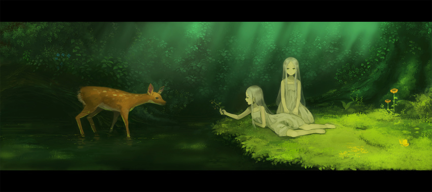 &#26862;&#35282; ?? cervine clearing deer dress female feral flower forest grass grey_hair hair human kneeling leaves long_grey_hair long_hair lying mammal nature outside pond spots tree water wood young