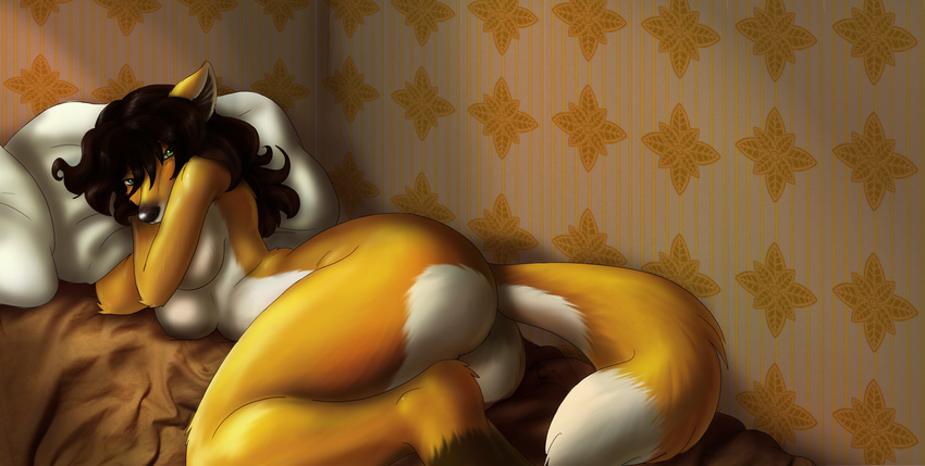 absurd_res anthro bed big_breasts big_butt black_nose breasts brown_hair butt canine feline female fox green_eyes hair hi_res long_brown_hair long_hair looking_at_viewer lying mammal nude pillow pinup pose sheets solo tail