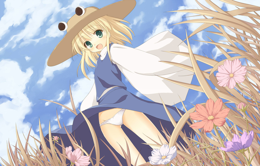 blonde_hair blush cloud day flower francis_de_lariatte grass green_eyes groin hat moriya_suwako open_mouth panties pantyshot pantyshot_(standing) short_hair skirt sky sleeves_past_wrists smile solo standing touhou underwear white_panties wind wind_lift