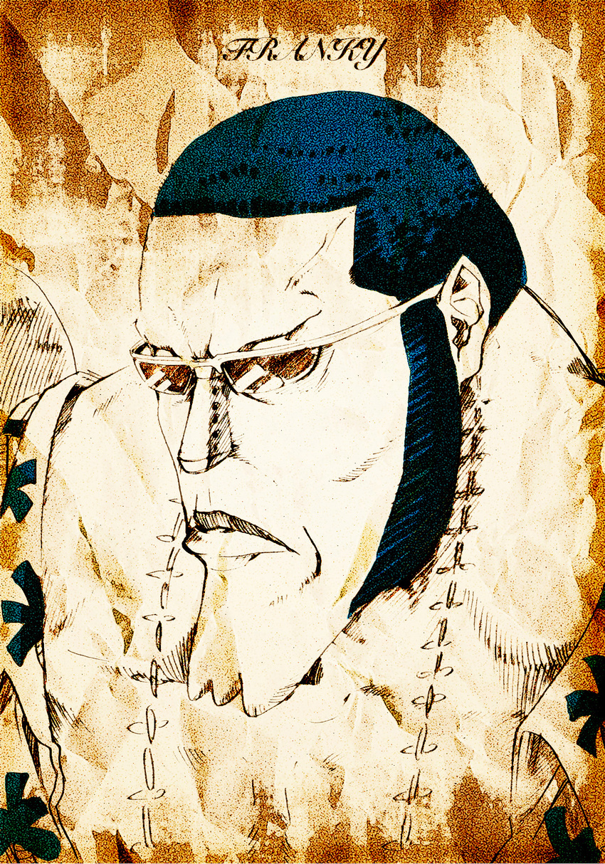 blue_hair character_name faux_traditional_media franky highres looking_at_viewer male_focus monochrome one_piece portrait sagatsune scar sepia sideburns solo spot_color sunglasses