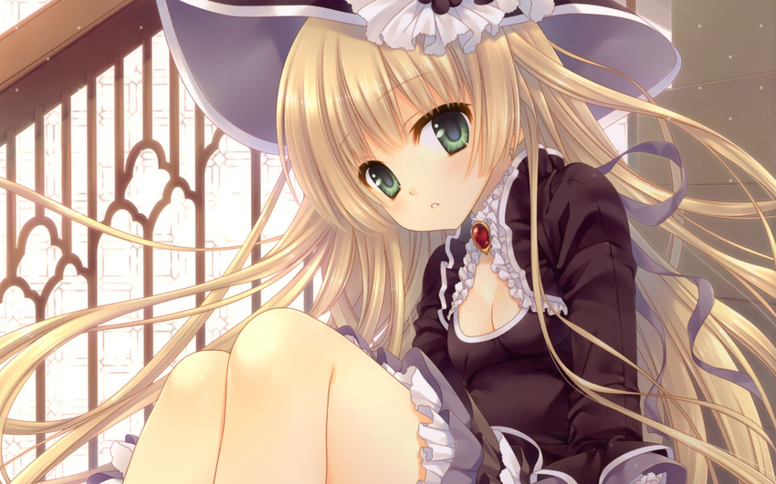 blonde_hair boots breasts cleavage flat_chest frills gosick green_eyes hat highres lolita_fashion long_hair looking_at_viewer small_breasts solo tatekawa_mako victorica_de_blois wallpaper
