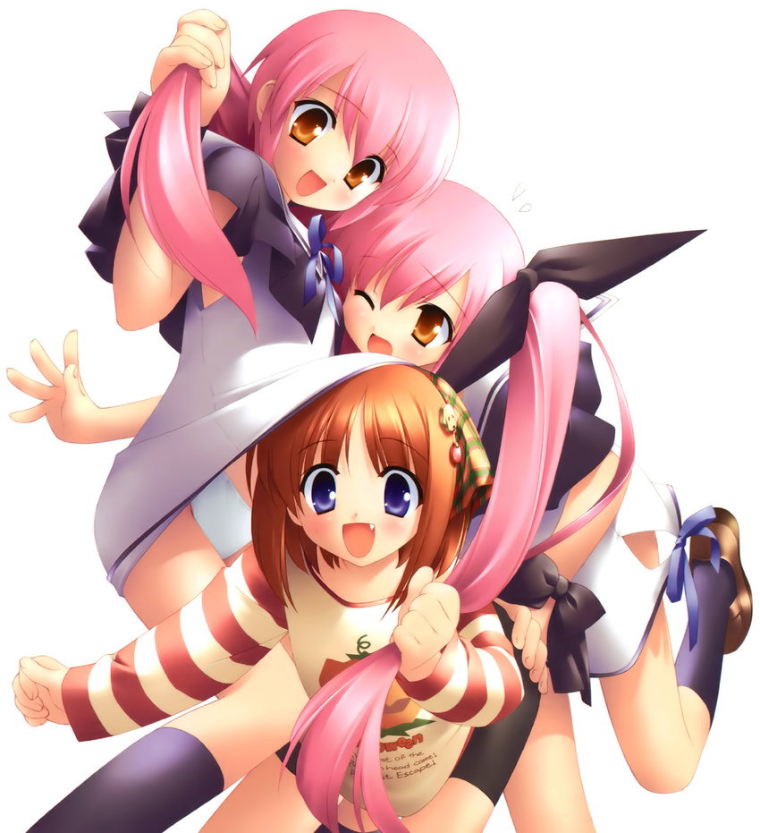 :d bike_shorts blue_eyes blush brown_eyes brown_hair dress dress_lift english fang gayarou hair_grab hair_ribbon halloween highres kneehighs kousaka_alice kousaka_maria long_hair multiple_girls open_mouth panties pantyshot pink_hair ribbon short_hair smile source_request striped suigetsu thighhighs twintails underwear very_long_hair white_panties wince yamato_suzuran