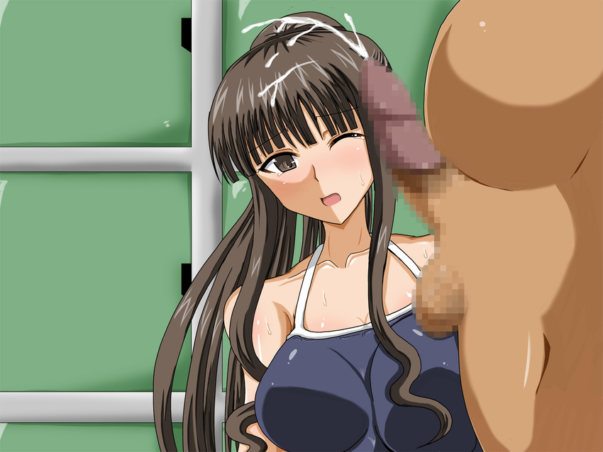 bare_shoulders black_eyes black_hair blush breasts censored cum ejaculation erection fat fat_man handsfree_ejaculation highres jigoku_potion large_breasts long_hair mahou_sensei_negima mahou_sensei_negima! one-piece_swimsuit ookouchi_akira penis sweat swimsuit tears testicles wink