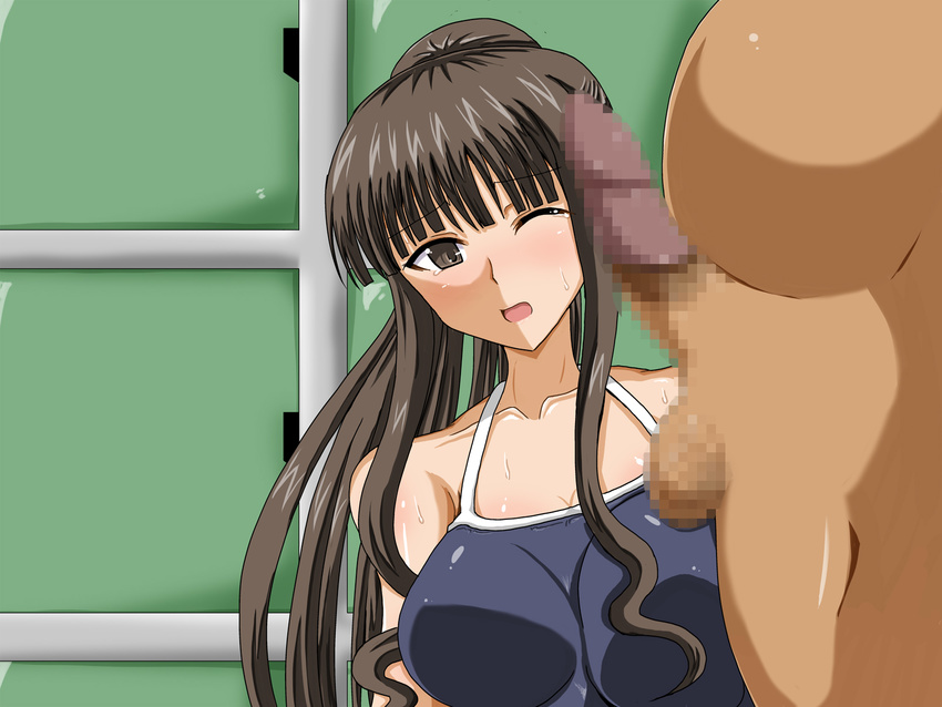 black_hair blush breasts censored fat fat_man highres jigoku_potion large_breasts mahou_sensei_negima mahou_sensei_negima! ookouchi_akira sweat swimsuit