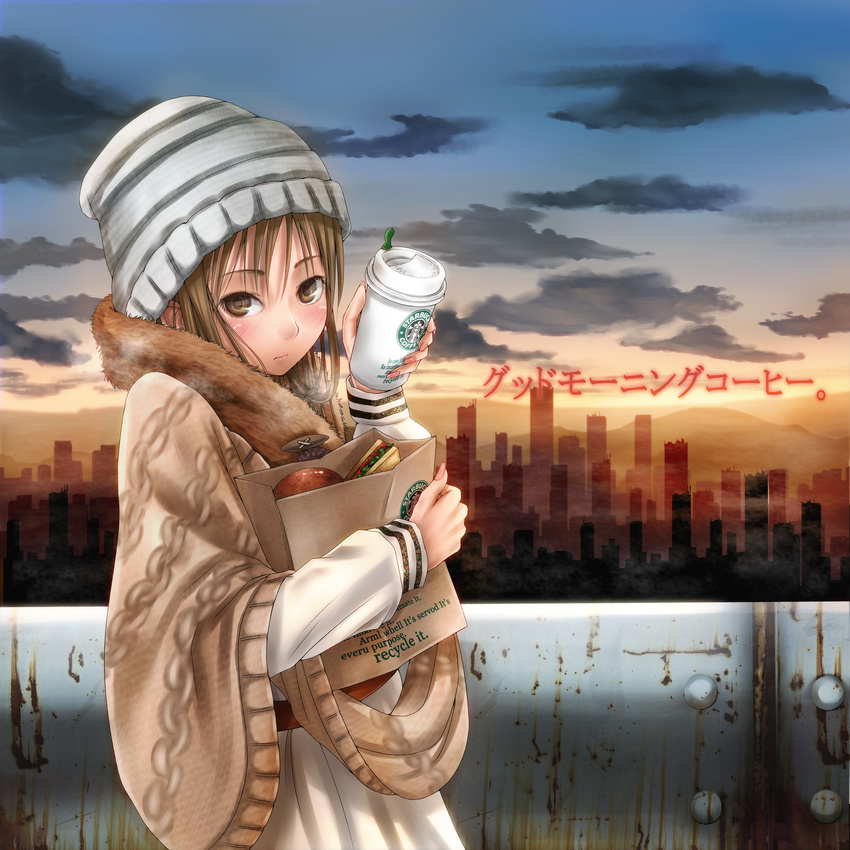 bag beanie blush brown_eyes brown_hair cityscape cloud cold cup engrish eyelashes food fur_trim hat highres long_hair long_sleeves looking_at_viewer original product_placement ranguage ren_(nyanyo) rust sandwich sky solo starbucks sunset sweater translated