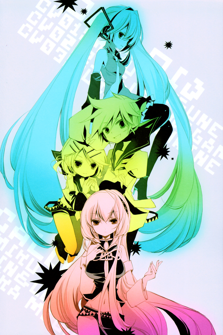 1boy 3girls absurdres boy female gradient hatsune_miku highres kagamine_len kagamine_rin male megurine_luka multiple_girls vocaloid