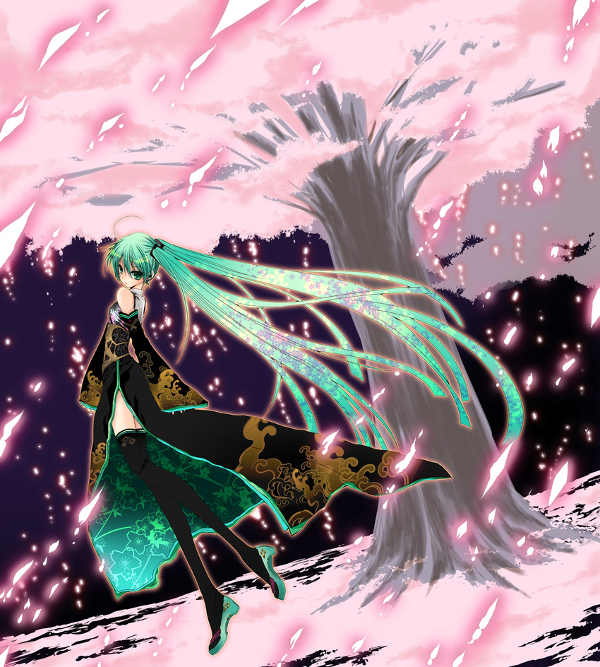 ahoge aqua_eyes aqua_hair bad_id bad_pixiv_id cherry_blossoms detached_sleeves hatsune_miku highres japanese_clothes kimono legs long_hair petals solo thighhighs twintails usa_(cubic) very_long_hair vocaloid zettai_ryouiki