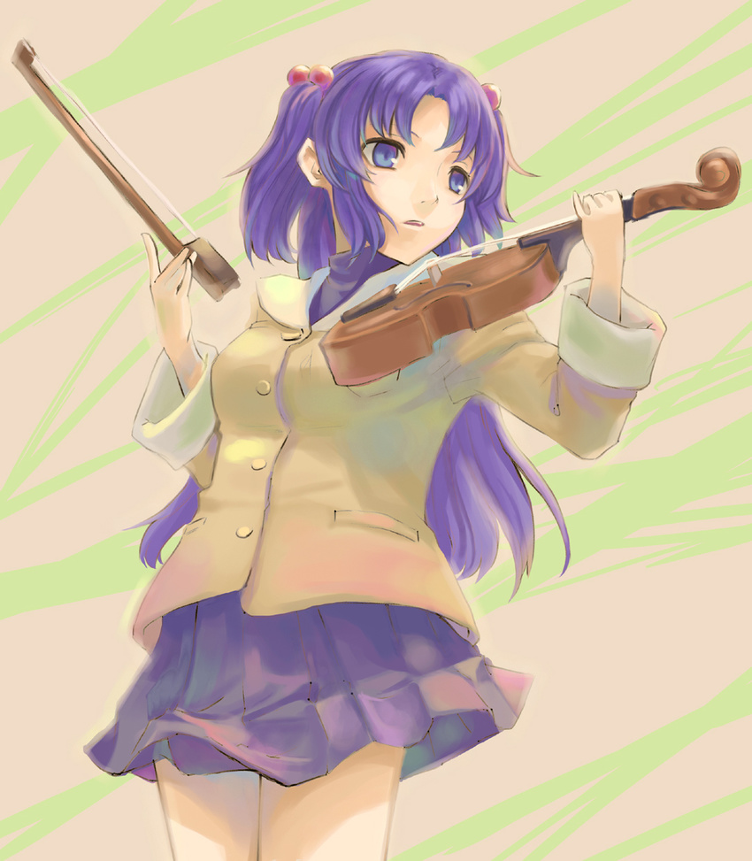 blue_eyes blue_hair bow_(instrument) clannad hair_bobbles hair_ornament highres hikarizaka_private_high_school_uniform ichinose_kotomi instrument long_hair mizore_akihiro school_uniform solo two_side_up violin