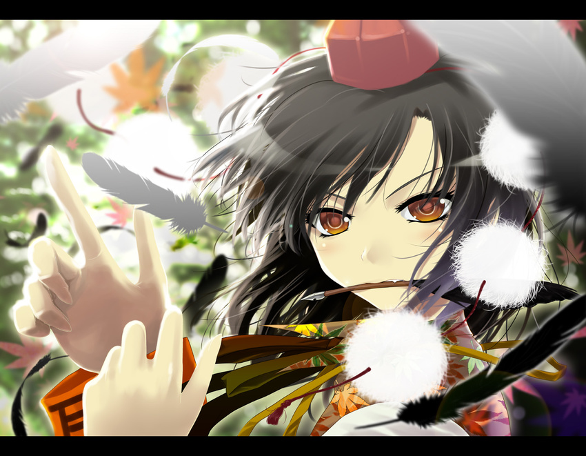 armband black_hair brown_eyes expressionless face fang feathers hands hat letterboxed looking_at_viewer mouth_hold pen porurin shameimaru_aya short_hair solo tokin_hat touhou