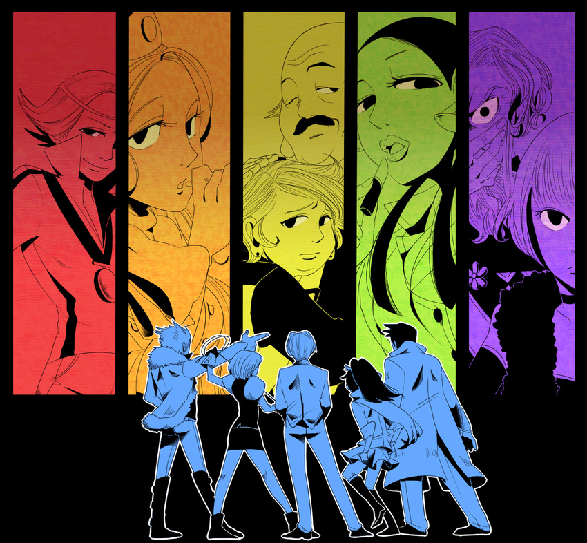 6+girls amanogawa_hikaru amanogawa_jouichirou bad_id bad_pixiv_id bald boots carnage_onred coat column_lineup covering_mouth dual_persona earrings everyone facial_hair father_and_son formal from_behind fur gyakuten_kenji gyakuten_kenji_1 gyakuten_saiban hand_on_head hand_over_own_mouth hands_in_pockets highres himiko_kazura hug ichijou_mikumo itonokogiri_keisuke jewelry karuma_mei knee_boots lipstick long_hair makeup medal miniskirt mitsurugi_reiji multiple_boys multiple_girls multiple_monochrome mustache pointing ponytail rainbow_order rou_shiryuu scarf shiina_(gyakuten_kenji) shiraoto_wakana short_hair short_twintails skirt smile spoilers suit trench_coat twintails whip yoshio_(440) yuuki_makoto