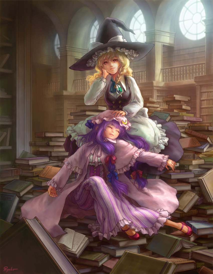 bad_id bad_pixiv_id blonde_hair book bookshelf braid buttons closed_eyes dress hair_ribbon hat highres kirisame_marisa library long_hair multiple_girls patchouli_knowledge pile_of_books purple_hair ribbon ryoko_(halloween1) sitting_on_books sleeping too_many too_many_books touhou voile window witch_hat yellow_eyes