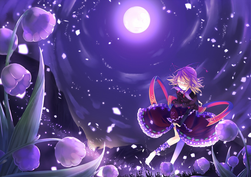 barefoot blonde_hair closed_eyes dancing dress flower full_moon hair_ribbon leg_ribbon lily_of_the_valley medicine_melancholy mito_(calcomer) moon night petals ribbon short_hair solo touhou wallpaper