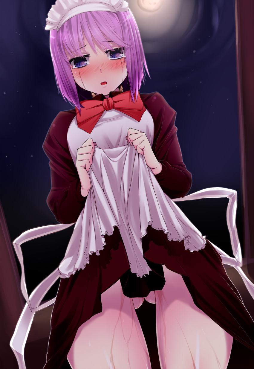 bad_id bad_pixiv_id blue_eyes blush bow full_moon highres looking_at_viewer looking_down maid maid_headdress mecha_hisui moon night night_sky purple_hair pussy_juice short_hair skirt skirt_lift sky solo tsukihime yamane_akira