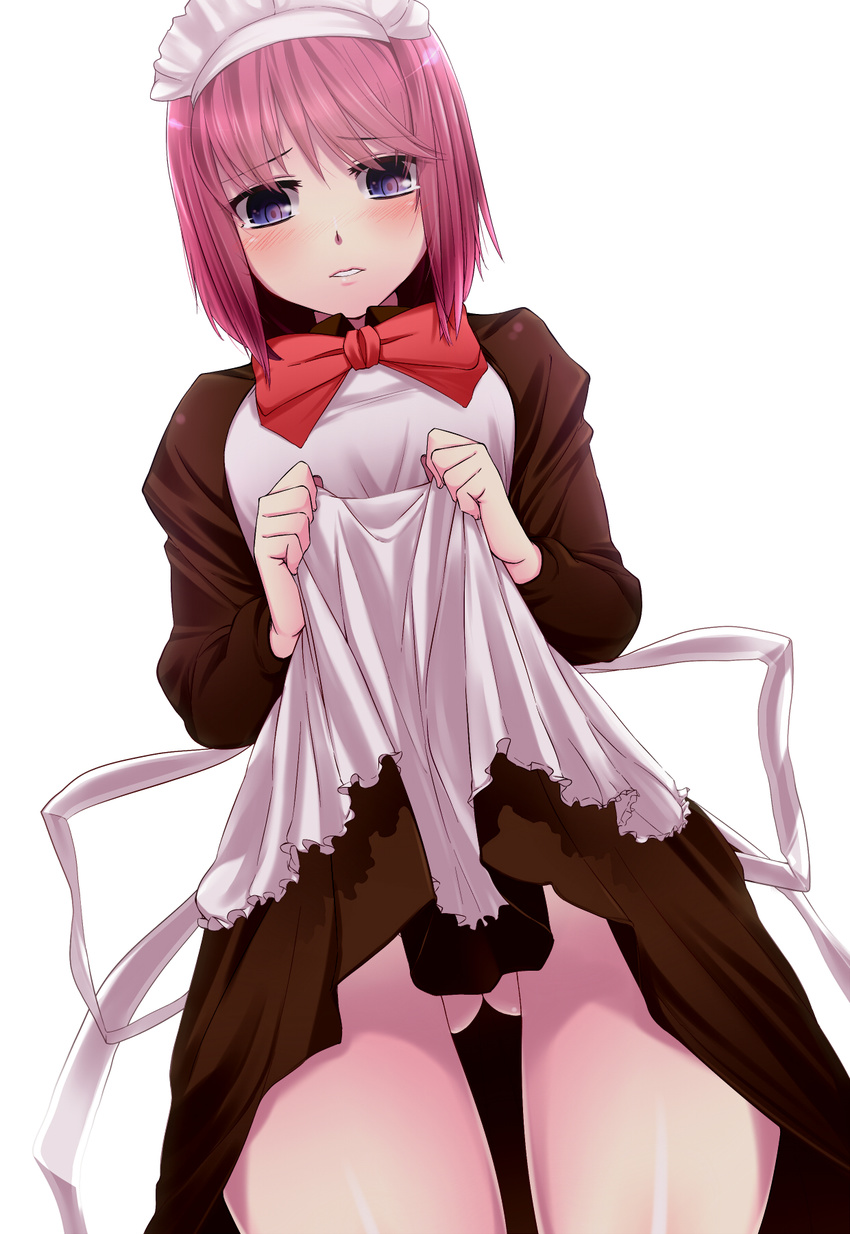 ass_visible_through_thighs bad_id bad_pixiv_id blue_eyes blush bow highres hisui looking_at_viewer looking_down maid maid_headdress pink_hair short_hair simple_background skirt skirt_lift solo tsukihime yamane_akira