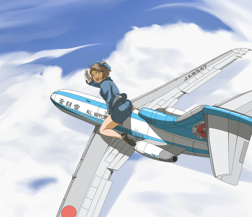 727_(airplane) aircraft airplane all_nippon_airways chanpii cloud day flying giantess gloves hat high_heels highres pencil_skirt riding salute shoes skirt sky smile solo stewardess uniform