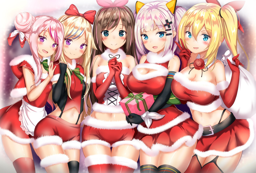 5girls :d a.i._channel apron bandeau bare_shoulders belt black_gloves black_panties blonde_hair blue_eyes blue_hair blurry blush bow bowtie box braided_bun breasts brown_hair capelet cleavage cleavage_cutout closed_mouth commentary_request cowboy_shot crop_top d-pad d-pad_hair_ornament depth_of_field detached_collar elbow_gloves fang fingerless_gloves flower frilled_apron frills fur-trimmed_skirt fur_collar fur_trim garter_straps gift gift_box gloves green_neckwear green_ribbon groin hair_between_eyes hair_bow hair_ornament hair_ribbon hairclip hand_up hands_up head_tilt highleg highleg_panties highres himehina_channel holding holding_gift holding_sack hood hood_down kaguya_luna kaguya_luna_(character) kizuna_ai large_breasts long_hair looking_at_viewer midriff miniskirt mirai_akari mirai_akari_project multicolored_hair multiple_girls nail_polish navel open_mouth own_hands_together panties pink_hair pink_nails purple_hair red_capelet red_flower red_gloves red_legwear red_ribbon red_shorts red_skirt ribbon rose sack santa_costume shirt short_shorts short_sleeves shorts side-by-side side_bun side_ponytail sidelocks single_thighhigh skirt sleeveless sleeveless_shirt small_breasts smile standing stomach streaked_hair suspenders suzuki_hina tanaka_hime taut_clothes thighhighs underwear v virtual_youtuber white_apron white_bow white_hair white_ribbon wrist_ribbon yuano zettai_ryouiki