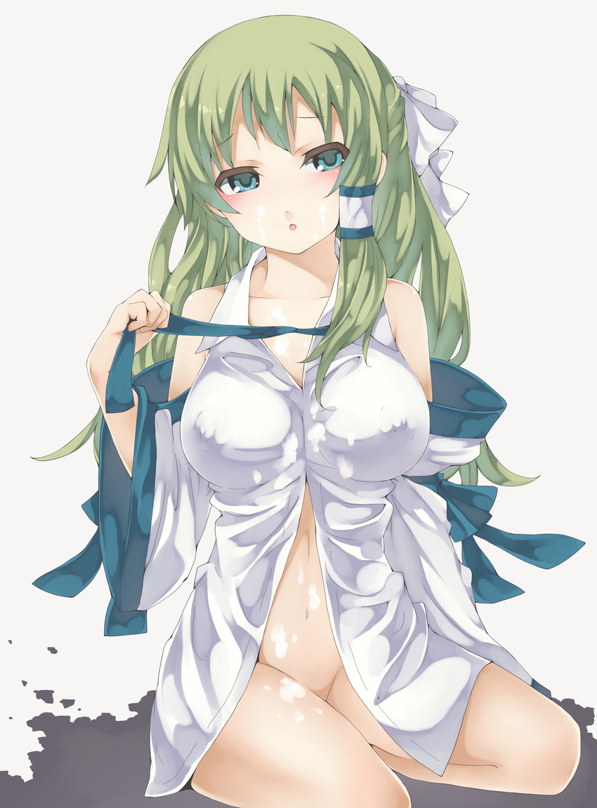 arutoria blush bottomless cum_on_belly cum_on_bodyfacial cum_on_clothes cum_on_leg erect_nipples green_eyes green_hair hair_ribbon kaya_(marble_cube) kochiya_sanae long_hair marble_cube navel no_bra open_mouth ribbon semen sitting smile tonta touhou undressing