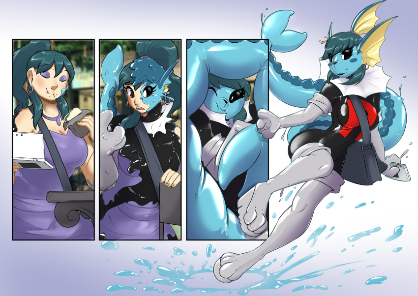 2019 anthro big_breasts black_sclera breasts clothed clothing dress ear_piercing ear_ring eating eeveelution eyes_closed female food goo_transformation hair helixjack human human_to_anthro mammal nintendo nintendo_3ds nintendo_ds_family open_mouth piercing pok&eacute;mon pok&eacute;mon_(species) ponytail rubber sandwich_(food) sequence smile solo surprise tail_growth team_rocket transformation vaporeon video_games white_eyes