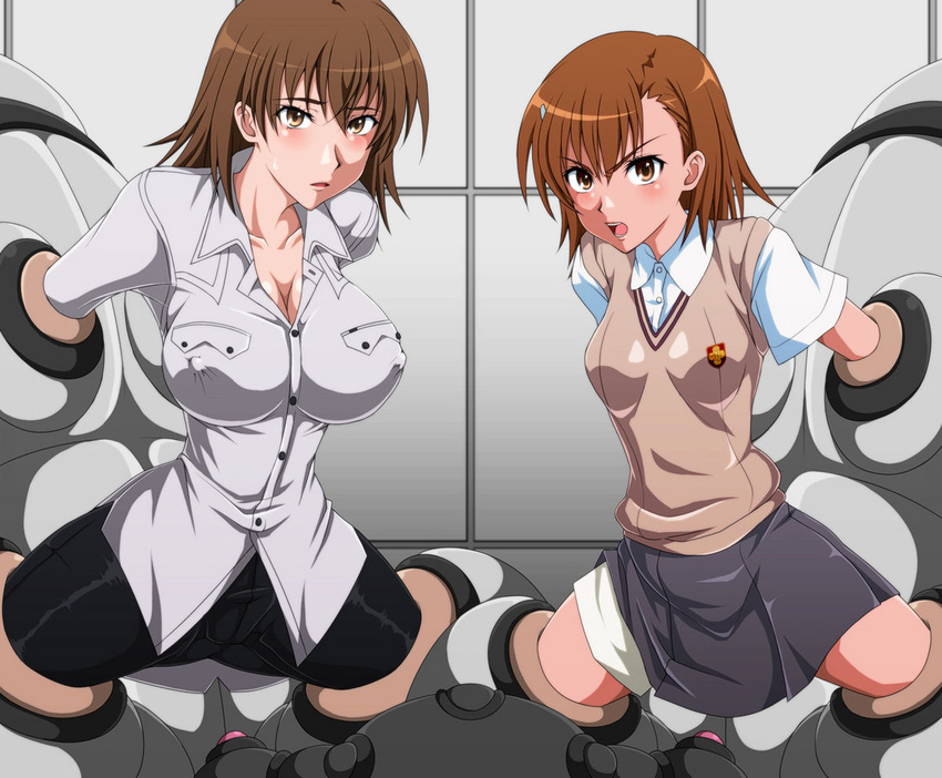 blush breasts brown_eyes brown_hair cleavage erect_nipples large_breasts misaka_mikoto misaka_misuzu oppai rape_machine to_aru_kagaku_no_railgun to_aru_majutsu_no_index