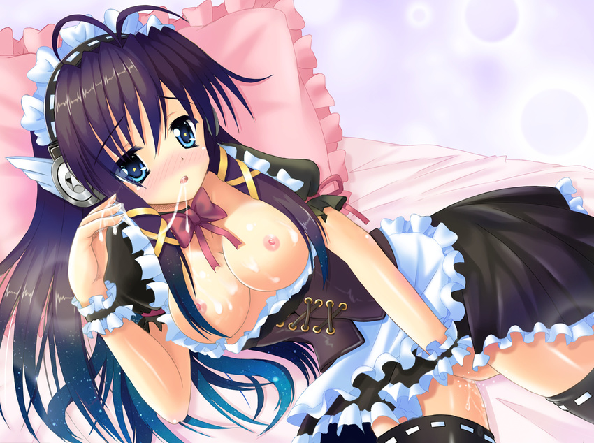 headphones maid nipples no_bra onanism open_shirt oppai pussy_juice semen solo sparkle tagme