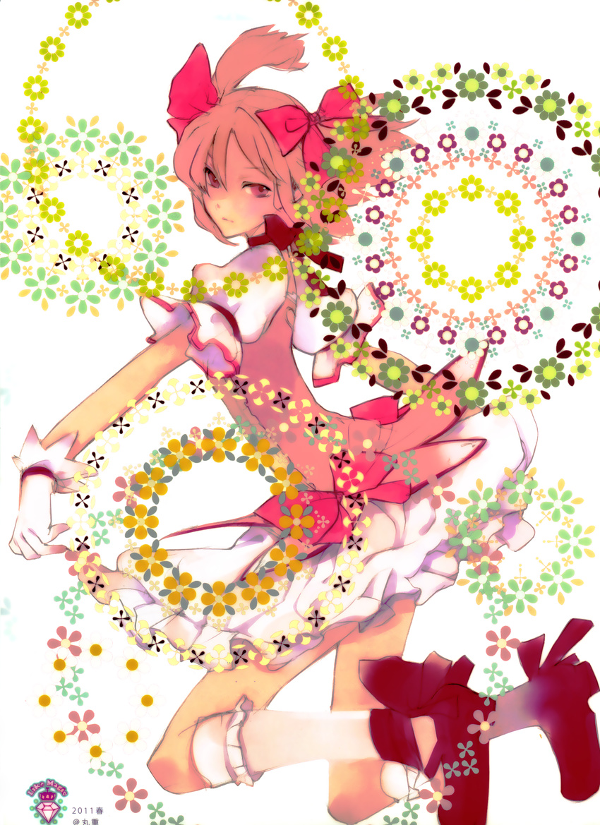 absurdres circle flower gloves highres kaname_madoka kouga_yun magical_girl mahou_shoujo_madoka_magica pink_eyes pink_hair short_hair solo twintails white_gloves