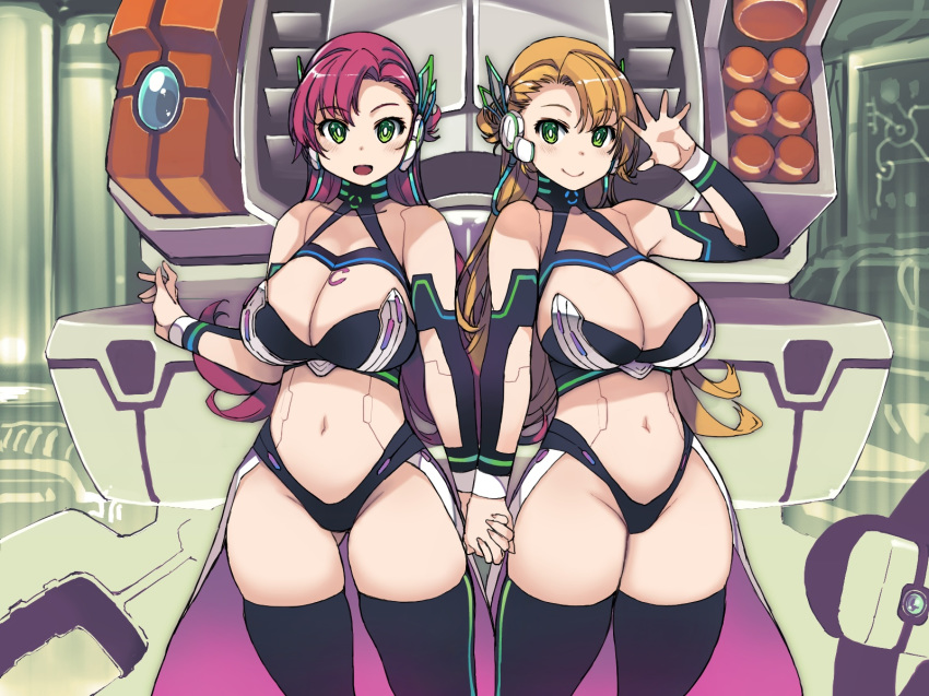 2girls android black_legwear blonde_hair breasts character_request cleavage commentary_request cowboy_shot flipped_hair green_eyes hand_holding highres interlocked_fingers large_breasts long_hair multiple_girls navel pink_hair ragnarok_online robot_ears robot_joints showgirl_skirt skindentation thick_thighs thighhighs thighs xration