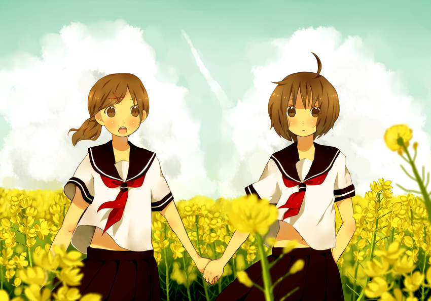 ahoge bad_id bad_pixiv_id brown_eyes brown_hair cloud day field flower flower_field holding_hands multiple_girls navel open_mouth original ponytail rapeseed_blossoms school_uniform serafuku short_hair sky tamayo wind