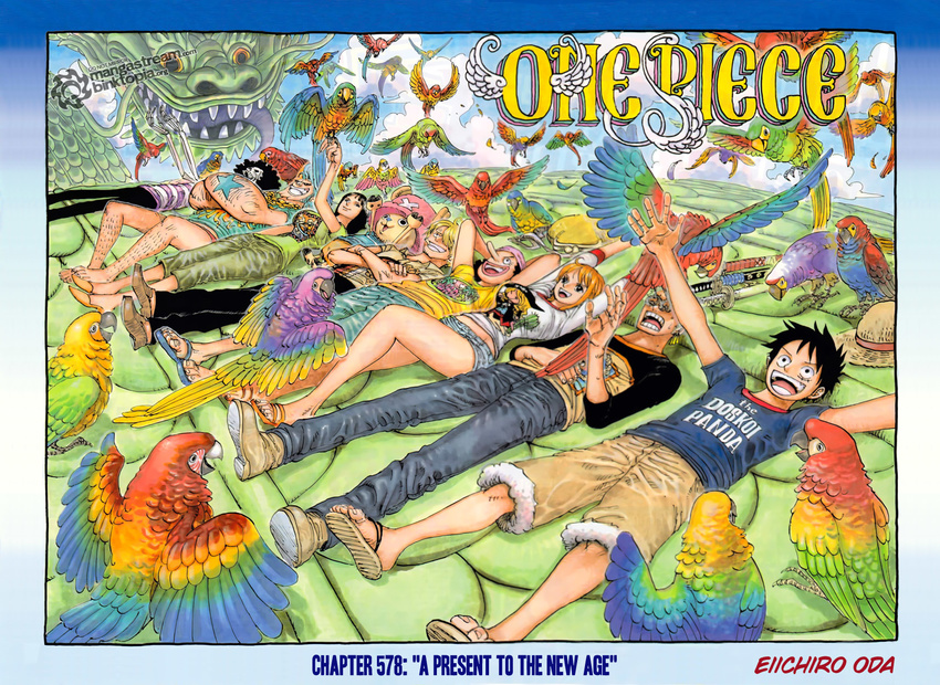 6+boys afro artist_name bird black_hair blonde_hair boots breasts brook chain_necklace cigarette cloud copyright_name crossed_arms dragon earrings everyone franky hat highres jewelry katana large_breasts monkey_d_luffy multiple_boys multiple_girls nami_(one_piece) nico_robin oda_eiichirou official_art one_piece orange_hair parrot pink_hat roronoa_zoro sandals sanji scar short_hair skeleton smoking sword tattoo tony_tony_chopper usopp watermark weapon