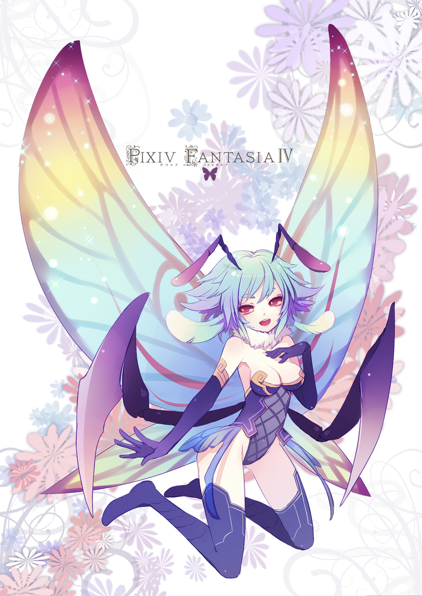 antennae breasts butterfly_wings cleavage gin_(oyoyo) gloves highres kneeling legs medium_breasts multicolored multicolored_wings pixiv_fantasia pixiv_fantasia_4 red_eyes solo thighhighs wings