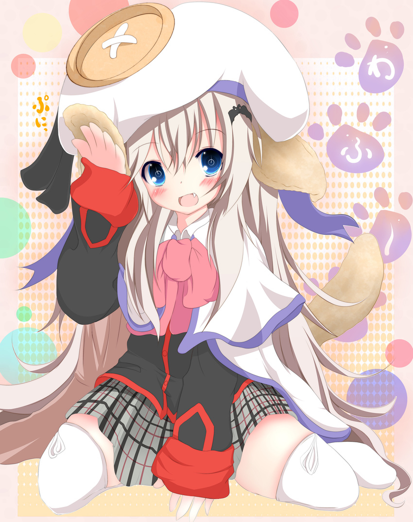 absurdres animal_ears blonde_hair blue_eyes bow cape dog_ears dog_tail fang hat highres little_busters! long_hair noumi_kudryavka pink_bow plaid plaid_skirt school_uniform skirt solo sukage tail thighhighs