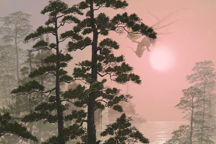 dragon forest lake nature no_humans original pink scenery tree uchio_kazumasa