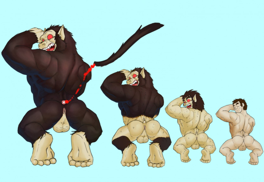 anthro_to_human ape balls blood butt dragon_ball fangs feet fur fur_growth macro male mammal nude oozaru primate red_eyes seyrmo shocked simple_background snout_growth solo tail_removed transformation