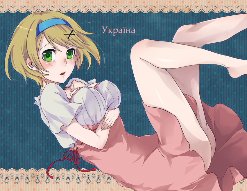 axis_powers_hetalia barefoot blonde blush dress feet green_eyes hairband hairclip open_mouth ribbon short_hair tears ukraine_(hetalia)