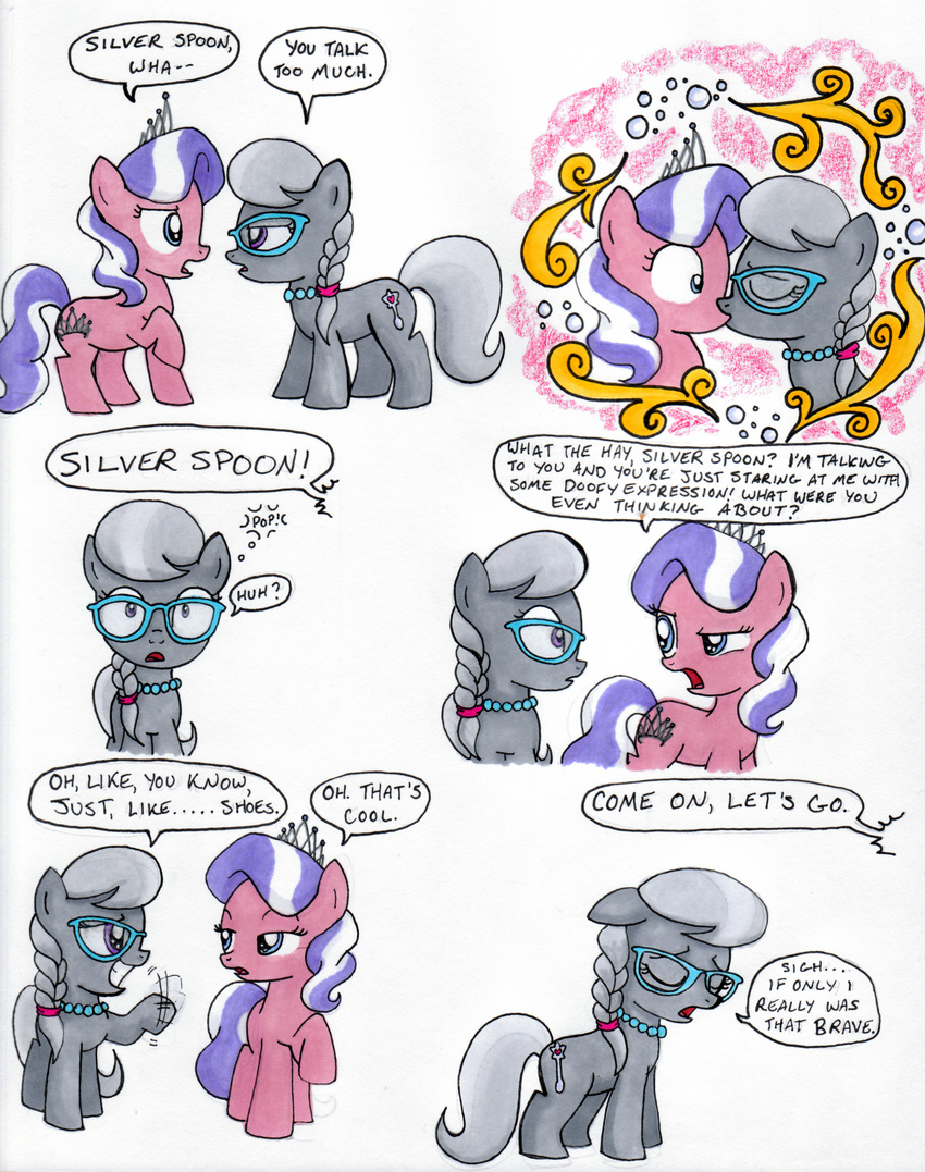 blue_eyes cartoon comic cub cute cutie_mark daydream dialog dialogue diamond_tiara_(mlp) english_text equine eye_contact eyelashes eyes_closed eyewear female feral friends friendship_is_magic fur glasses grey_body grey_hair grin hair hi_res horse kissing lesbian looking_at_each_other mammal multi-colored_hair my_little_pony necklace open_mouth pearl_necklace pink_body pink_fur pony ponytail purple_eyes purple_hair silver_spoon_(mlp) spoon teeth text the_dark_lord_keisha tiara tongue young