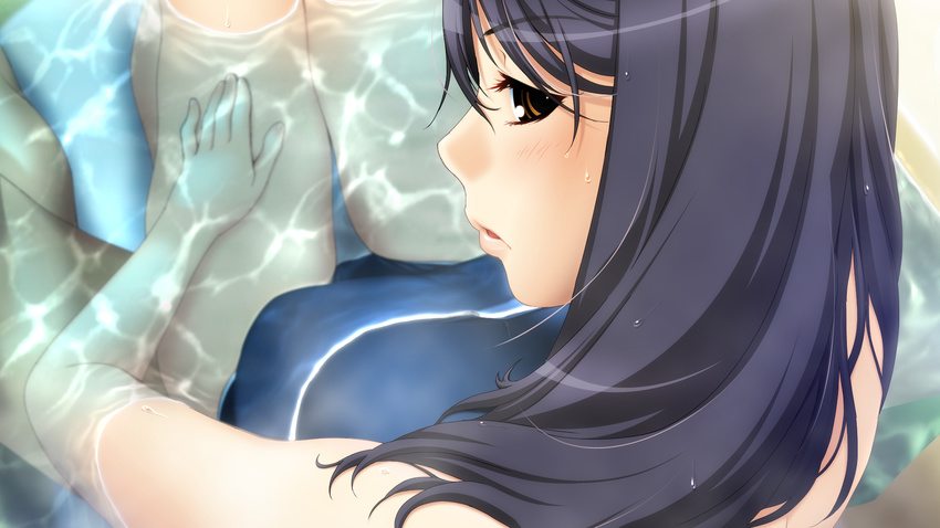 bath black_hair close game_cg ino school_swimsuit sister_scheme_2 swimsuit wet yanagawa_misaki